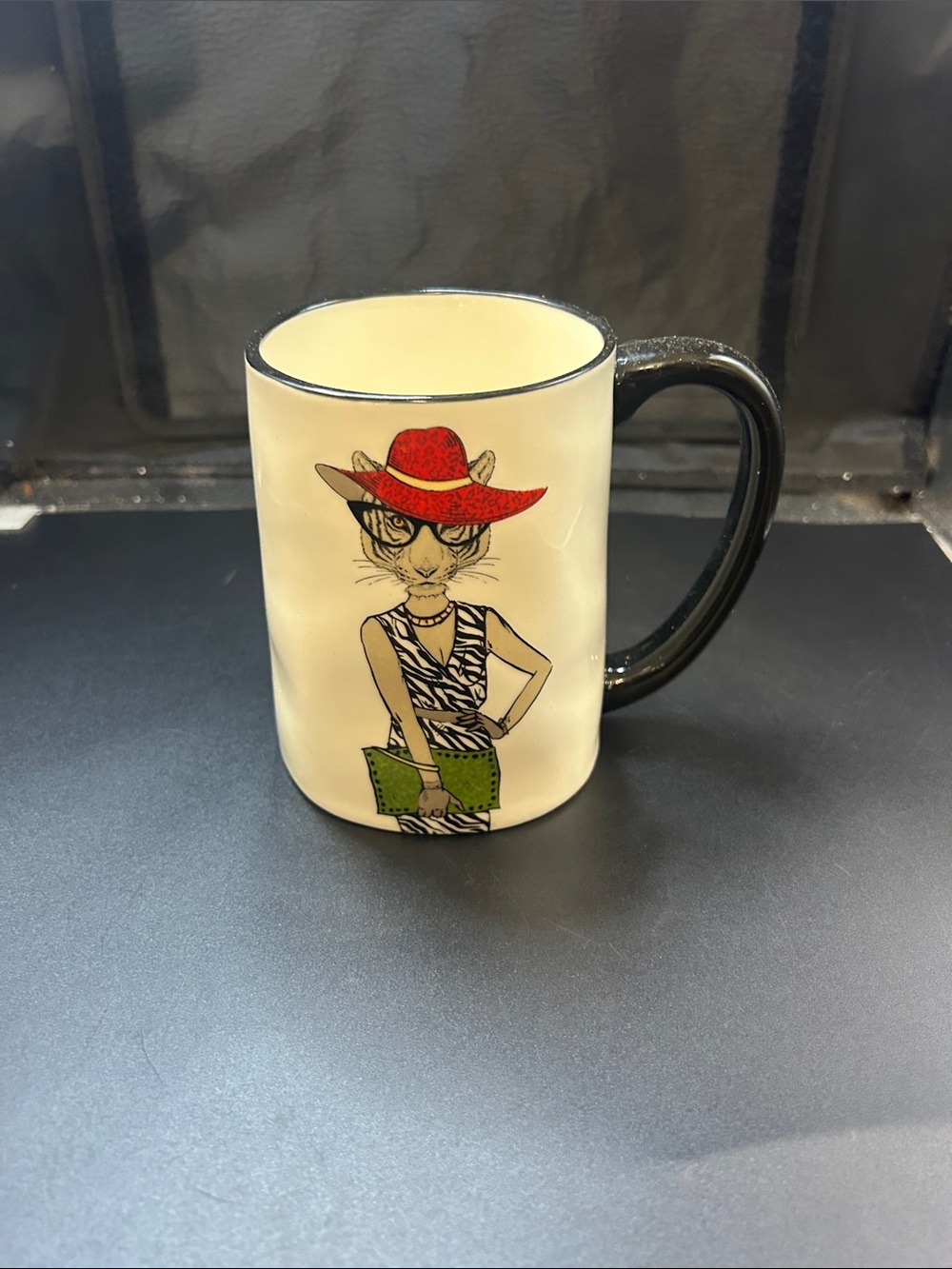Signature Cream Mug with Black Handle and Red Hat Cat Design